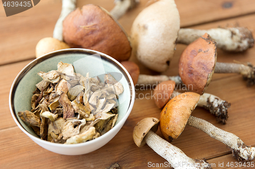 Image of dried mushrooms in bowl on wooden background