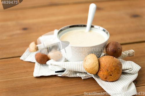 Image of mushroom cream soup in bowl on cutting board