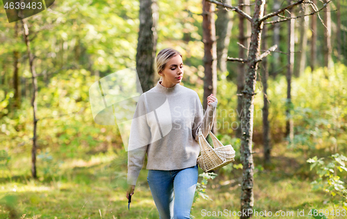 Image of woman with basket picking mushrooms in forest