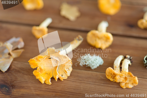 Image of chanterelles on wooden background