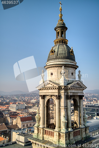 Image of Bell tower of St. Stephen\'s Basilica in Budapest. Aerial view.