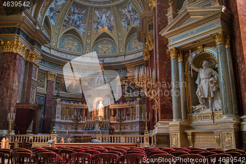 Image of Beautiful interior of Catholic Cathedral with painting and sculptures, Budapest.