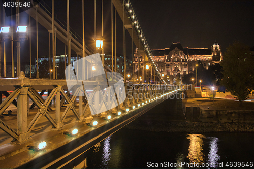 Image of Night view to constraction of the Chain Bridge across river Danube in Budapest.