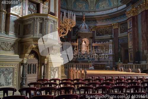 Image of Catholic Cathedral interior with paintings and statues, Budapest.