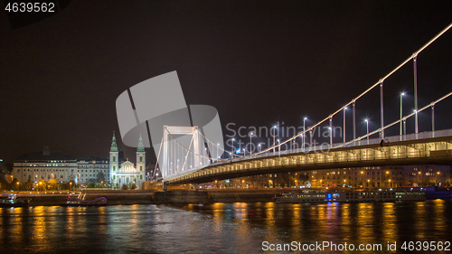 Image of Elisabeth Bridge across river Danube with night lighting, Budapest.