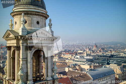 Image of Aerial view of bell tower of St. Stephen\'s Basilica in Budapest, Hungary.