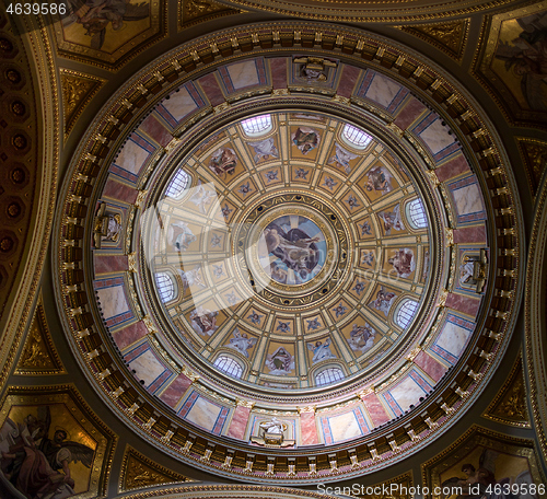 Image of Dome of Catholic Cathedral inside with painting mural and frescoes, Budapest.