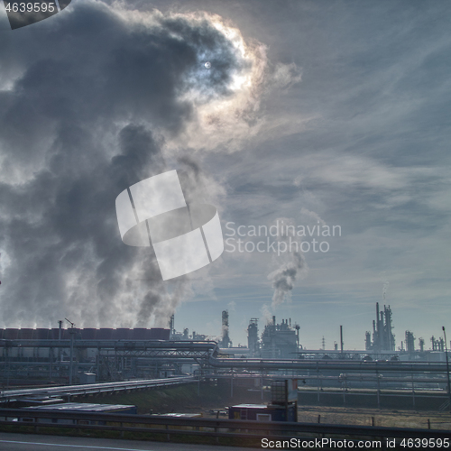 Image of Atmosphere industrial emission above huge power plant in Budapest, Hungary.