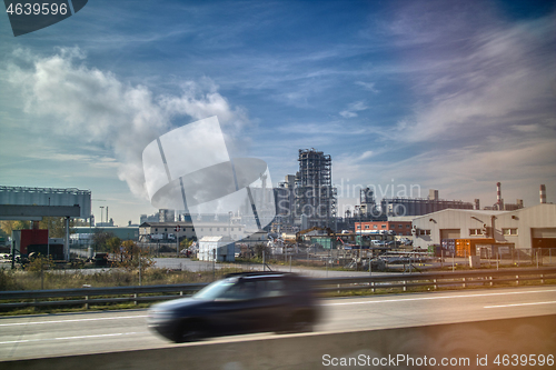 Image of Big power plant on the background of blue cloudy sky in Budapest, Hungary.