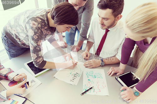 Image of young business people group on meeting at modern office