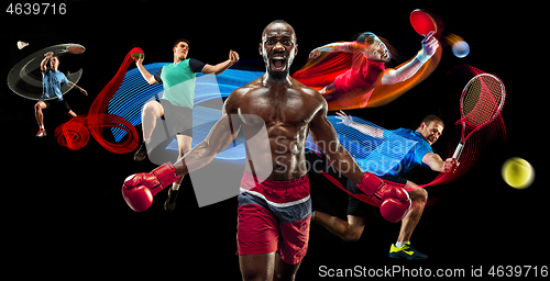 Image of Attack. Sport collage about badminton, tennis, boxing and handball players