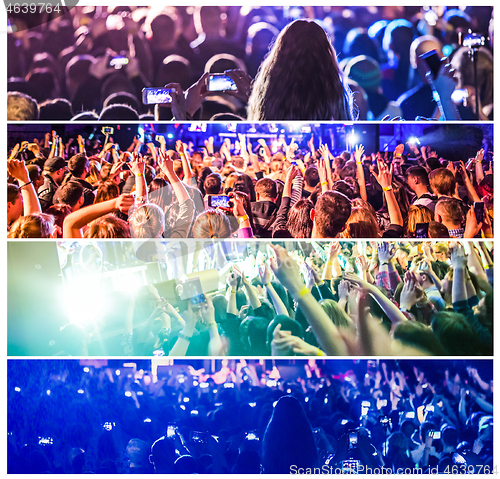 Image of Rock concert, silhouettes of happy people raising up hands