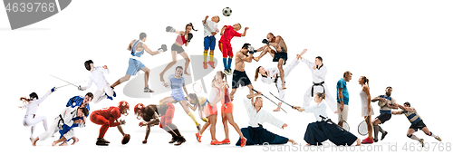 Image of Sport collage about kickboxing, soccer, american football, aikido, rugby, judo, fencing, badminton, tennis and boxing