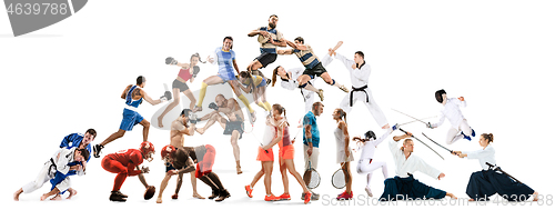 Image of Sport collage about kickboxing, soccer, american football, aikido, rugby, judo, fencing, badminton, tennis and boxing