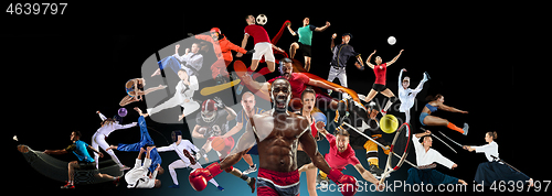 Image of Sport collage about kickboxing, soccer, american football, basketball, ice hockey, badminton, tennis, rugby