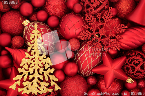 Image of Gold Christmas Tree and Red Bauble Background 