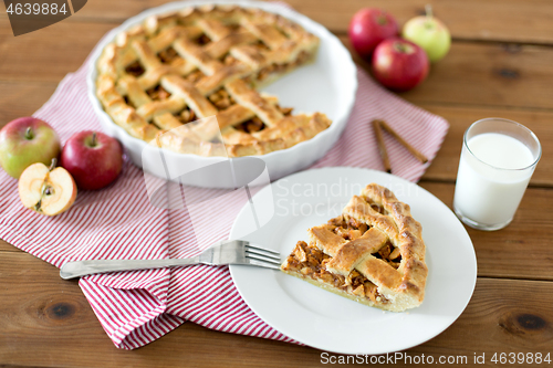 Image of close up of apple pie and fork on plate