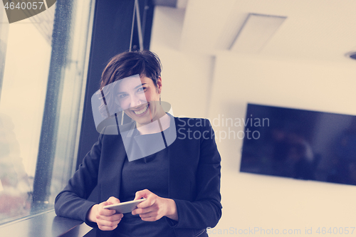 Image of Elegant Woman Using Mobile Phone by window in office building