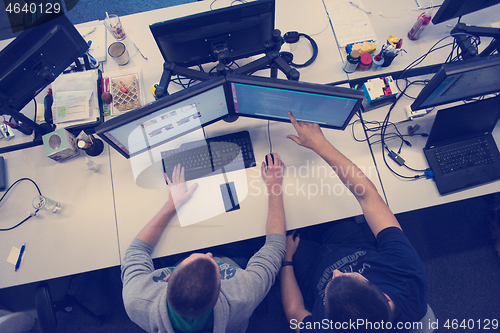 Image of young programmers writing programming code top view