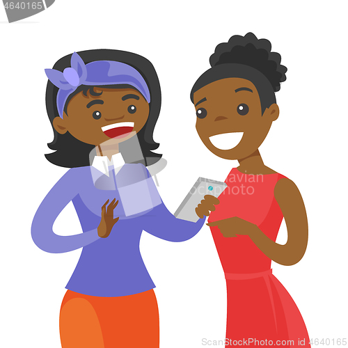 Image of Two african-american friends looking at smartphone