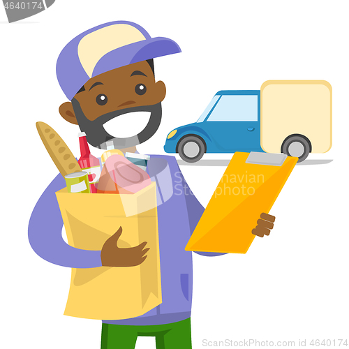 Image of Delivery courier delivering food to customer.