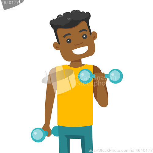 Image of Young african-american man lifting dumbbell.