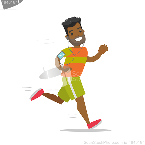 Image of Young man running with earphones and smartphone.