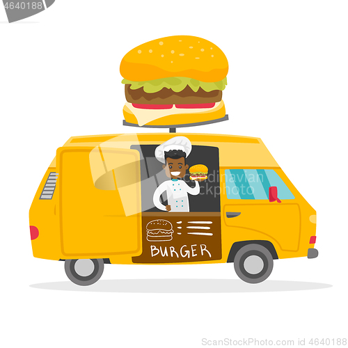 Image of African-american street seller selling burgers.