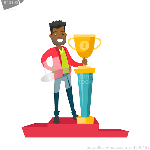 Image of Man standing on the pedestal with business award.