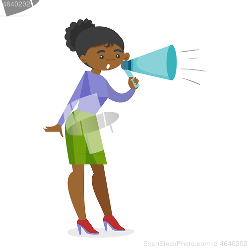 Image of Young african feminist shouting into a megaphone.