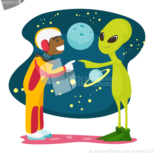 Image of Astronaut and alien meet for the first time.