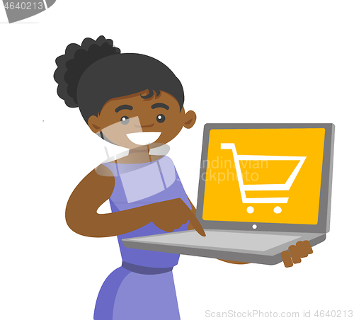 Image of Woman holding using computer for shopping online.