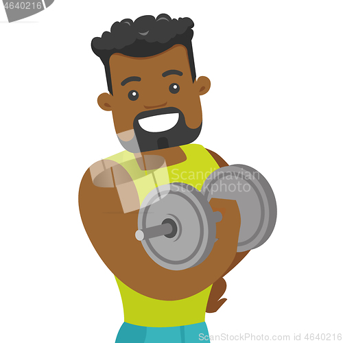 Image of Young african bodybuilder lifting dumbbell.