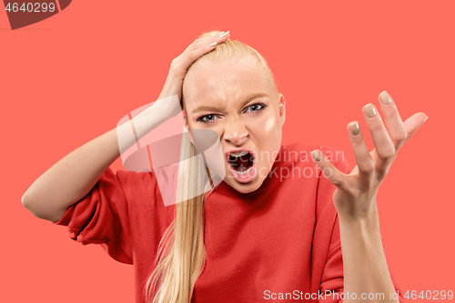 Image of Portrait of an angry woman looking at camera isolated on a coral background