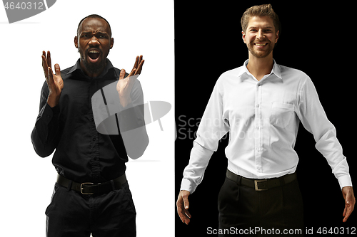 Image of success happy afro and caucasian men. Mixed couple. Human facial emotions concept.