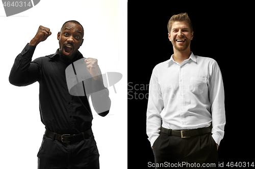 Image of success happy afro and caucasian men. Mixed couple. Human facial emotions concept.