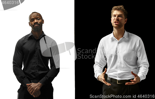 Image of success happy afro and caucasian men. Mixed couple. Human facial emotions concept.