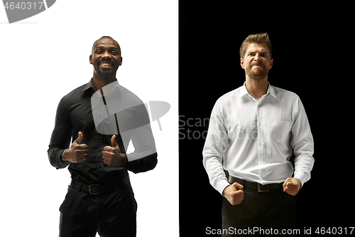 Image of success happy afro and caucasian men. Mixed couple. Human facial emotions concept.