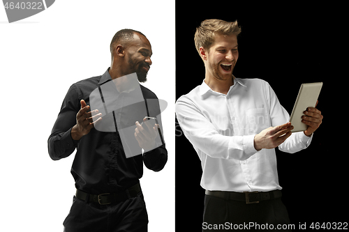 Image of success happy afro and caucasian men. Mixed couple. Human facial emotions concept.