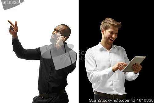 Image of success happy afro and caucasian men. Mixed couple. Human facial emotions concept.