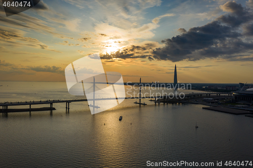 Image of Sunset sky view bridge and skyscraper