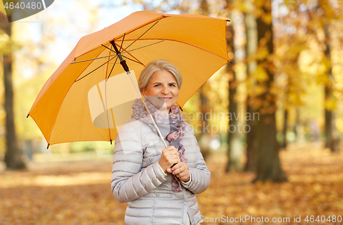 Image of happy senior woman with umbrella at autumn park