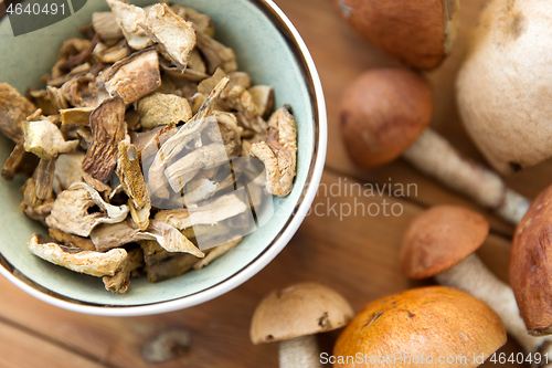 Image of dried mushrooms in bowl on wooden background