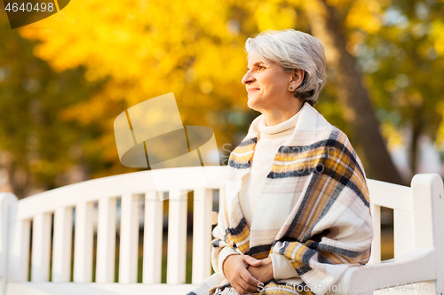 Image of portrait of happy senior woman at autumn park