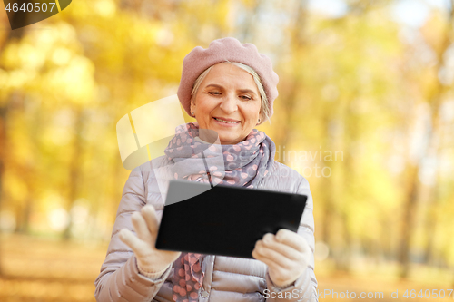 Image of senior woman with tablet pc at summer park
