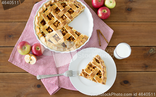 Image of close up of apple pie and fork on plate