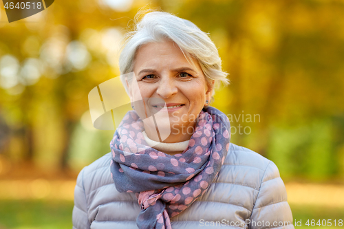 Image of portrait of happy senior woman at autumn park