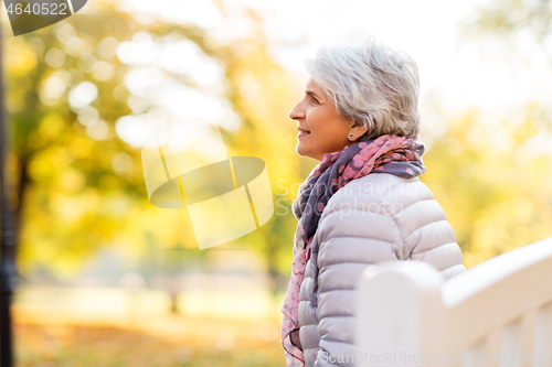 Image of portrait of happy senior woman at autumn park