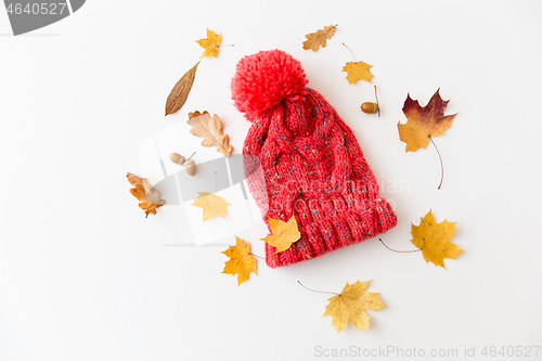 Image of hat and fallen autumn leaves on white background