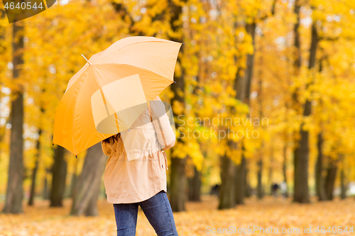 Image of young woman with umbrella in autumn park